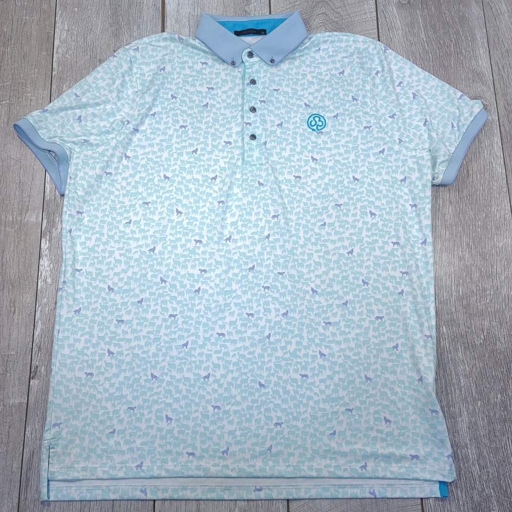 Greyson Polo Shirt Mens XL Blue Wolf Sheep Print Stretch Golf Athletic